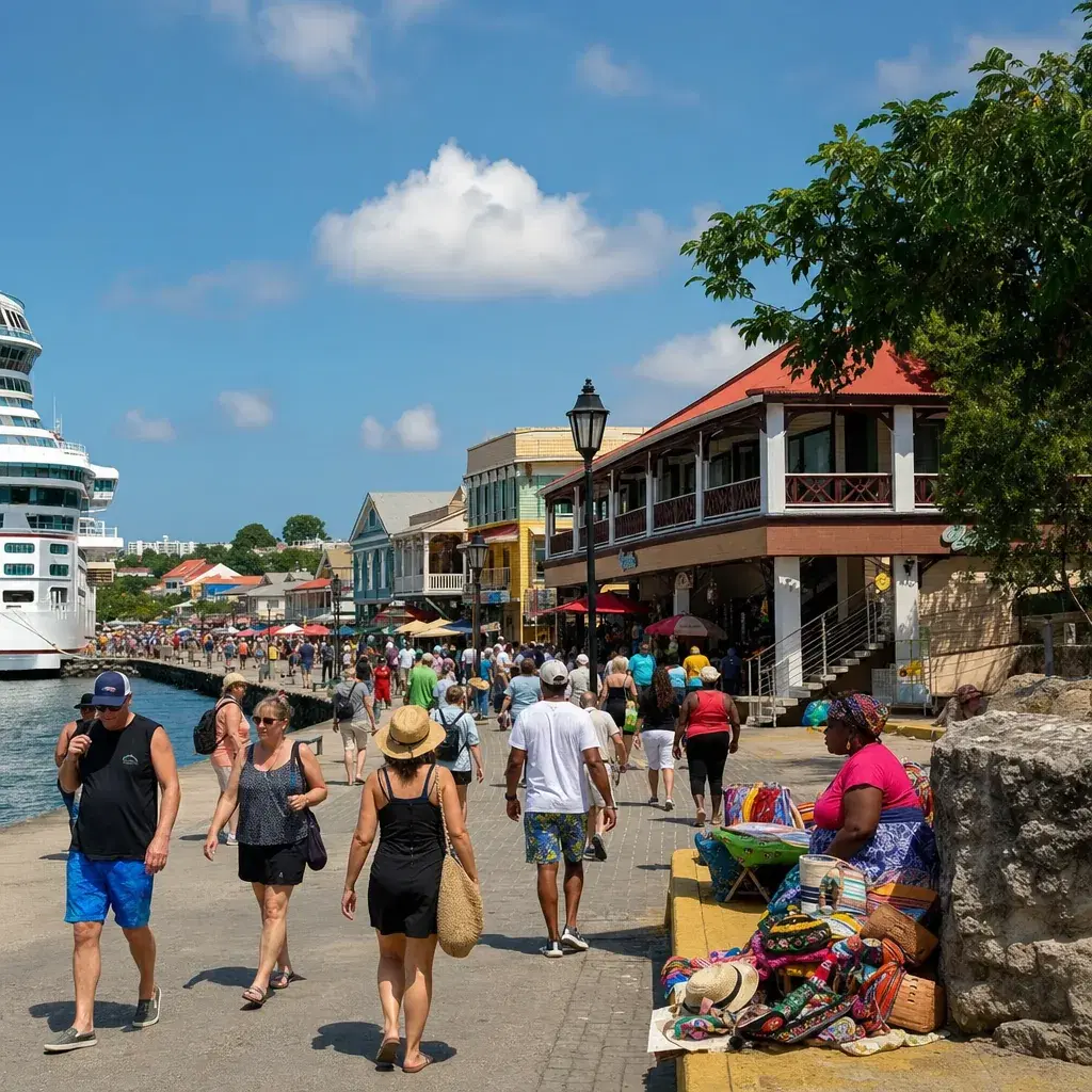 Realistic editorial photo of Falmouth, Jamaica cruise port waterfront with visitors, local streets, and ship-day energy,
