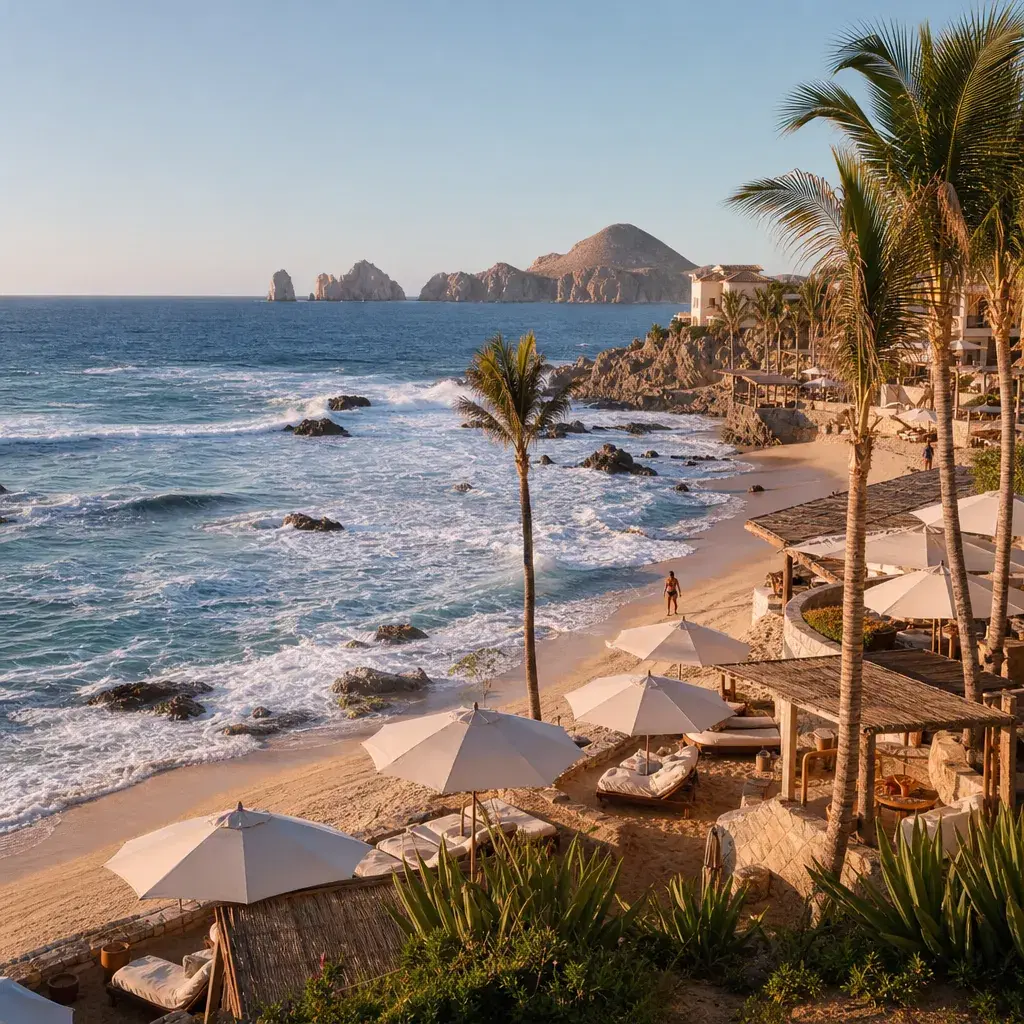 Realistic editorial photo of Mexico resort scene showing cabo prices for a non-swimmable beach, beach resort setting, wa