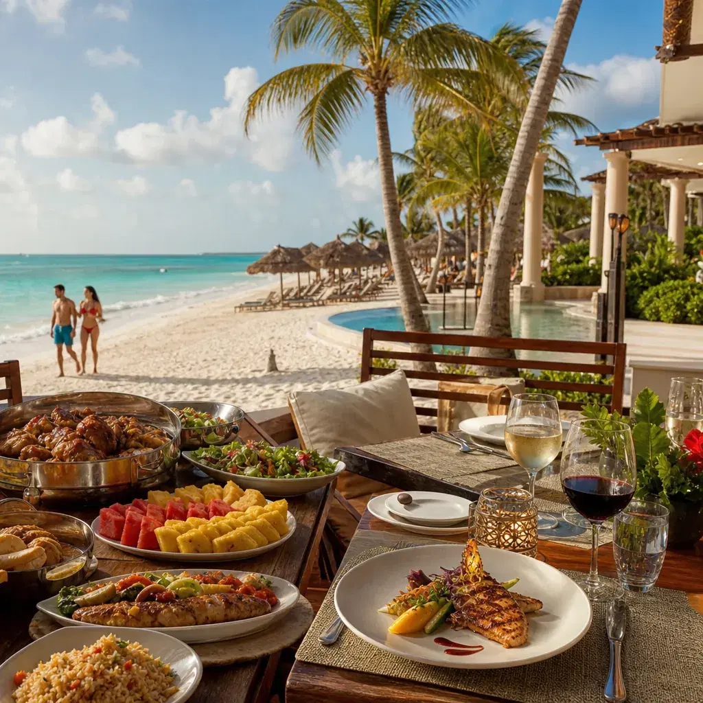 Realistic editorial photo of Punta Cana all-inclusive resort scene showing cheapest all-inclusive and luxury food, palms