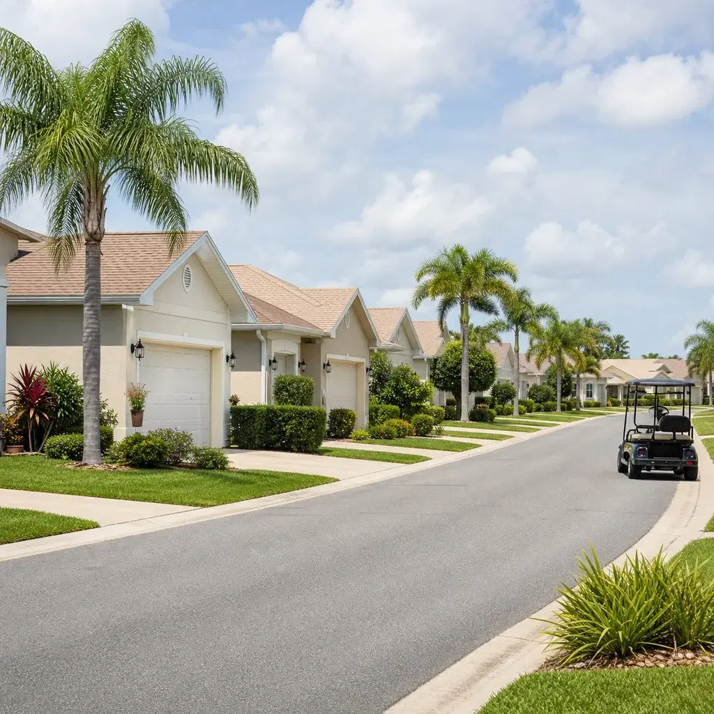 Fresh square editorial photo of rows of nearly identical beige homes in a newer Florida retirement community district with fl