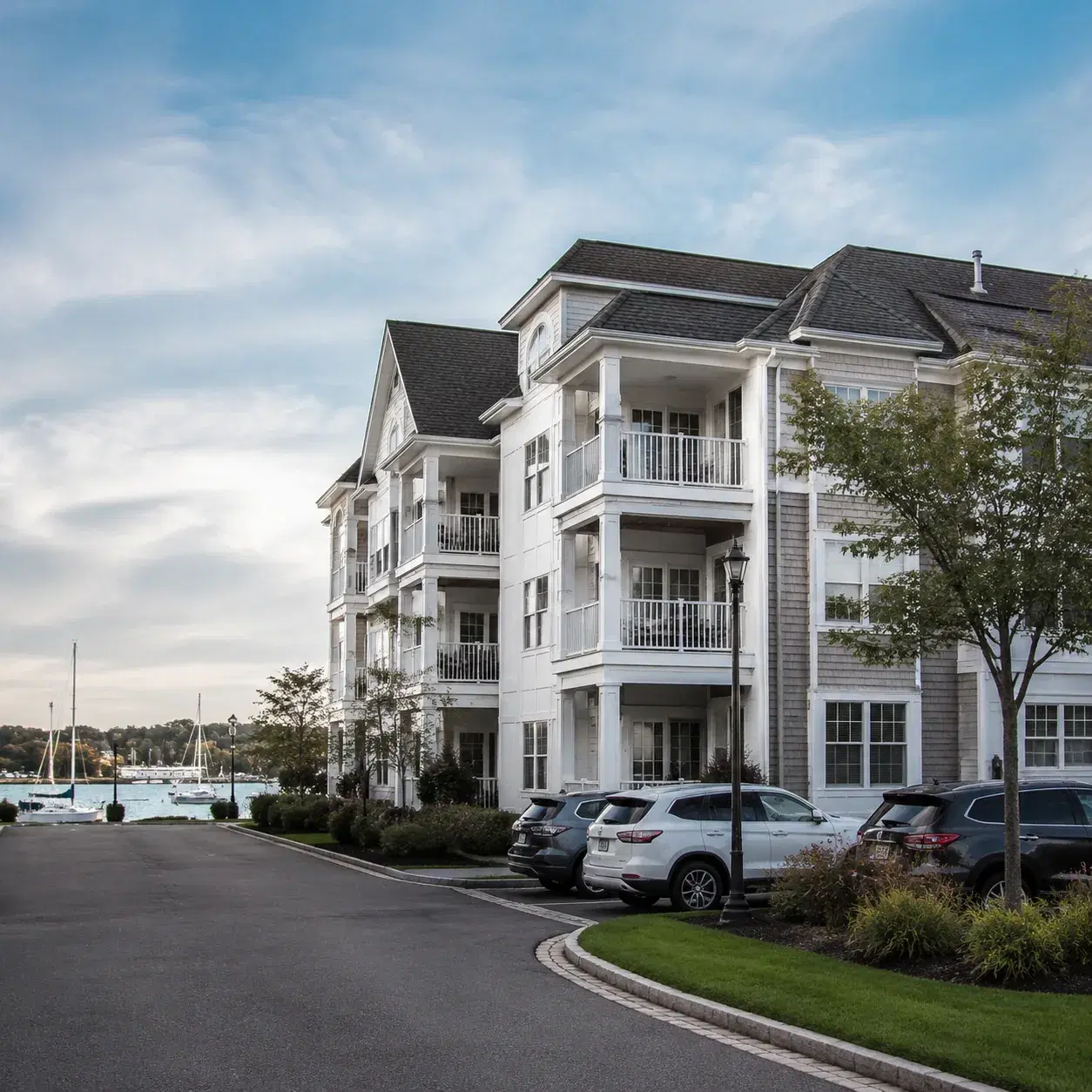 Realistic editorial photo of a luxury waterfront Long Island senior condo community with balconies, marina hints, parked