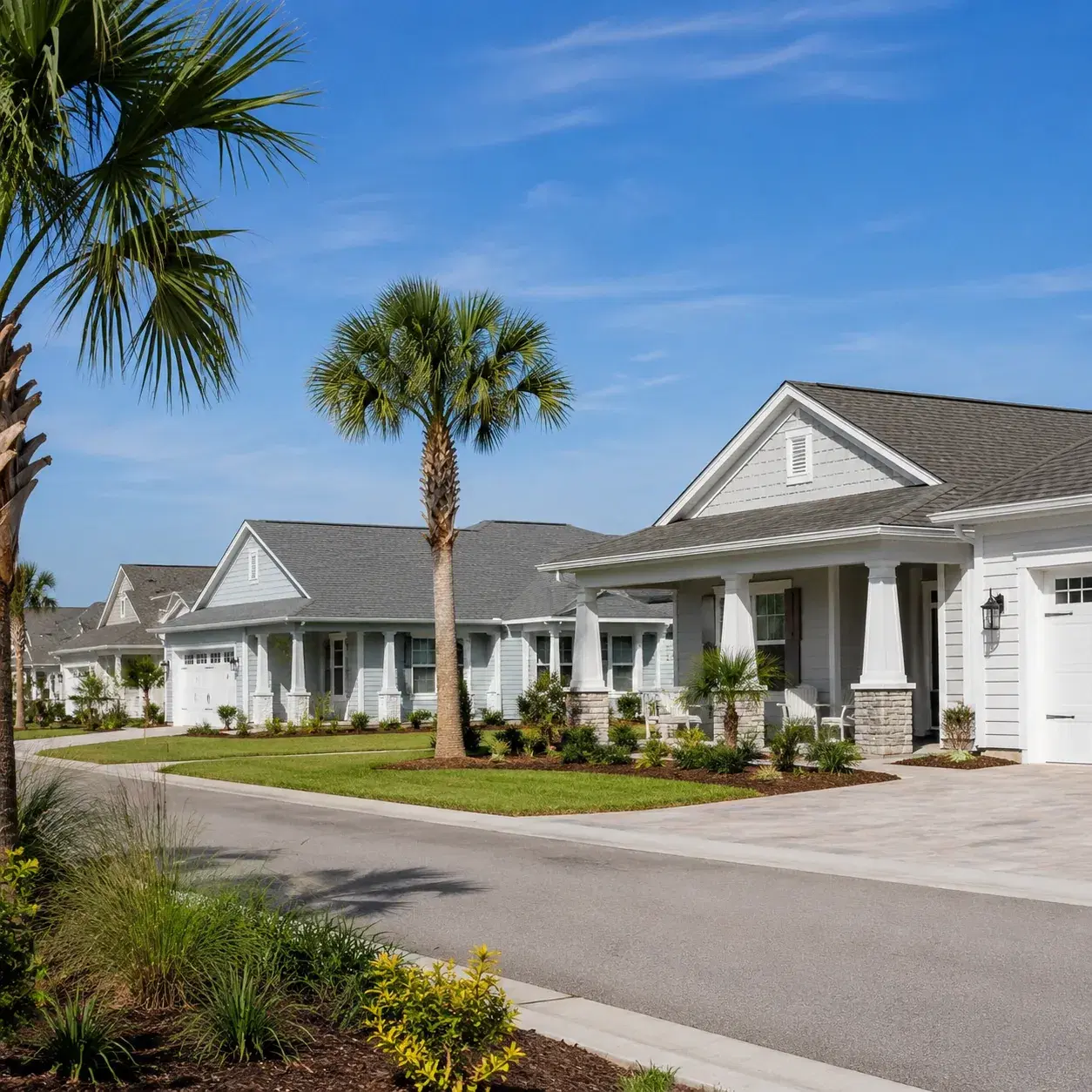 Realistic editorial photo of a newer Florida Panhandle active adult community near construction roads, coastal light, fr