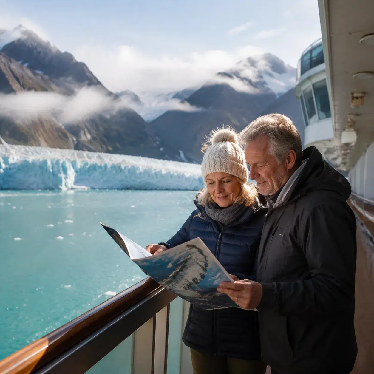 Realistic editorial photo of Alaska cruise scene showing glacier day planning, misty mountains and ship details, warm na