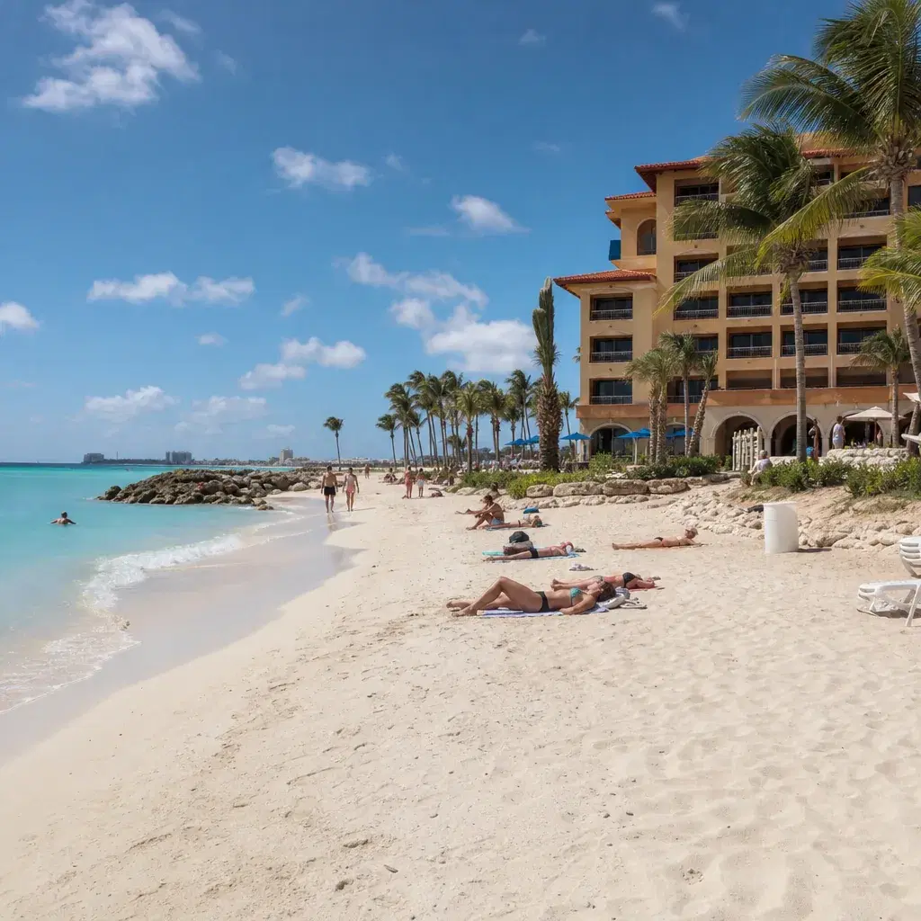 Realistic editorial photo of Aruba beach scene showing hotel without enough shade, dry island light and turquoise water,