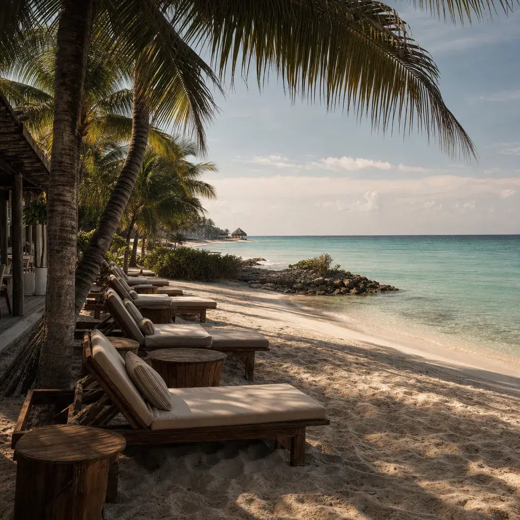Realistic editorial photo of Mexico resort scene showing playa del carmen for peace and quiet, beach resort setting, war