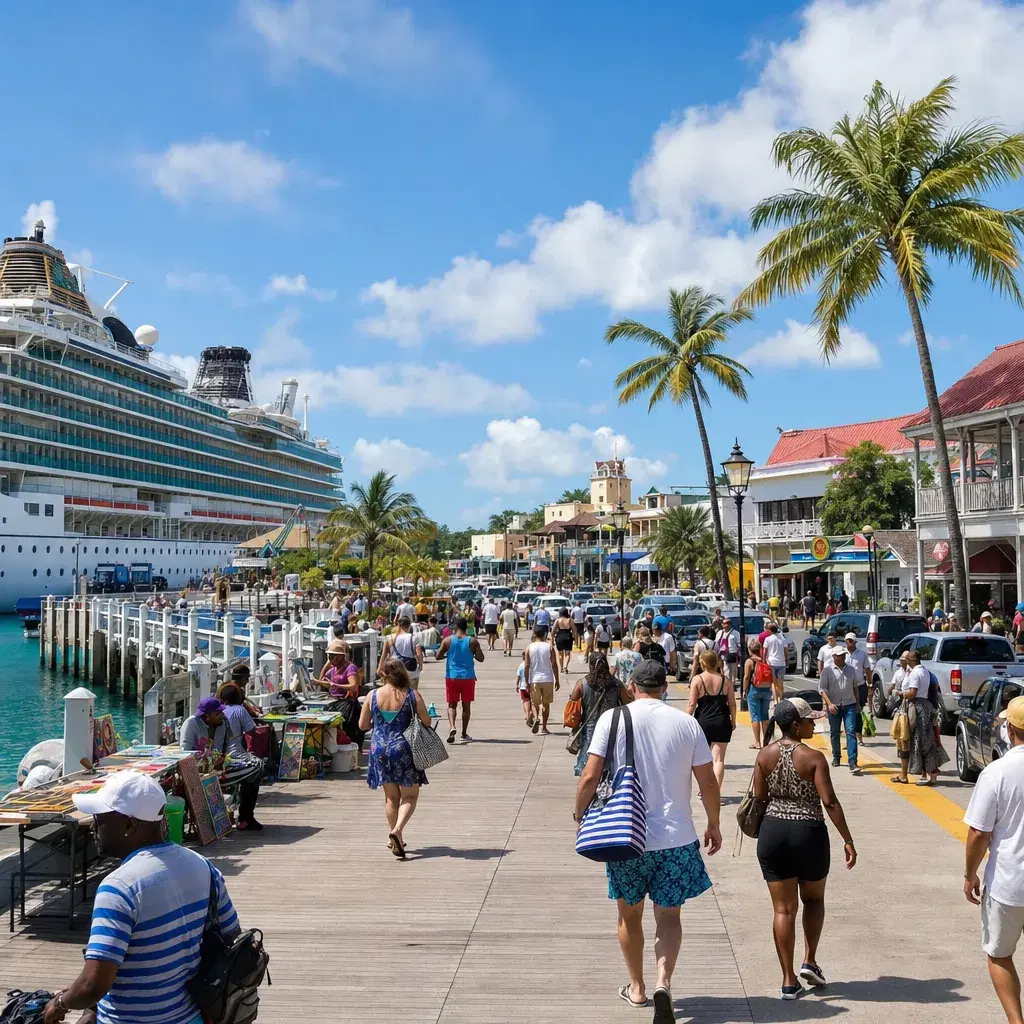 Realistic editorial photo of Ocho Rios, Jamaica cruise port waterfront with visitors, local streets, and ship-day energy