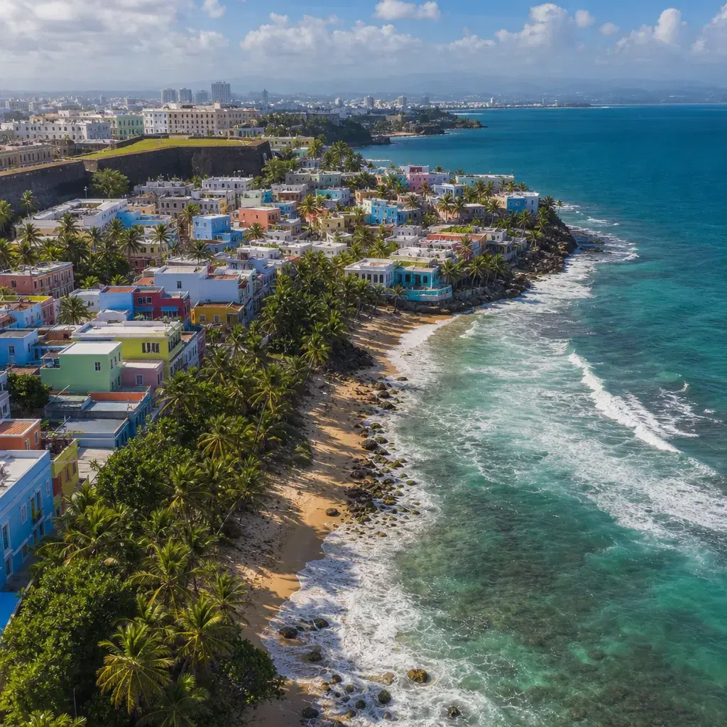 Realistic editorial photo of Puerto Rico travel scene showing beach conditions by neighborhood, colorful streets and coa