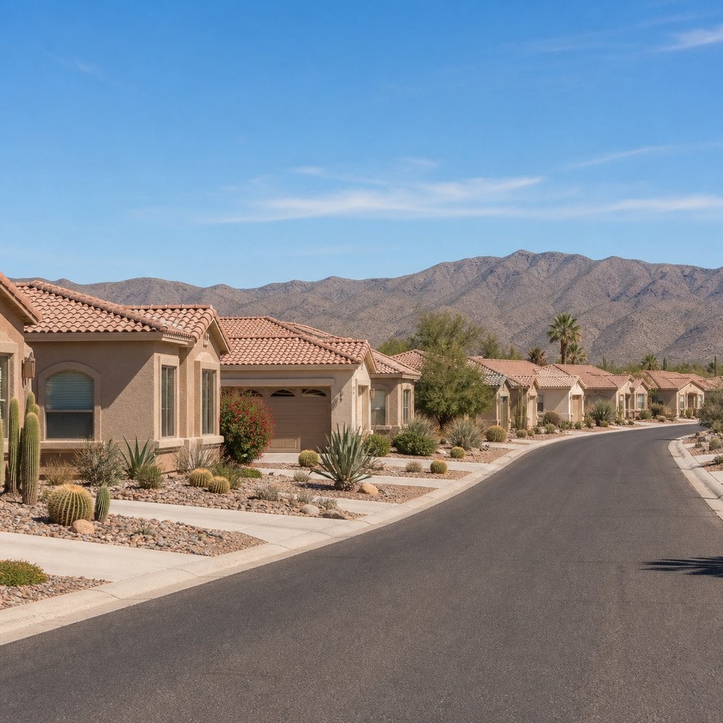 Fresh square editorial photo of a wide desert retirement community street in Arizona with identical ranch homes, sparse rock 