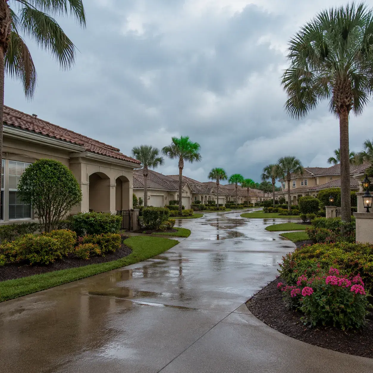 Realistic editorial photo of a Central Florida gated retirement community after summer rain with wet cart path, neat stu