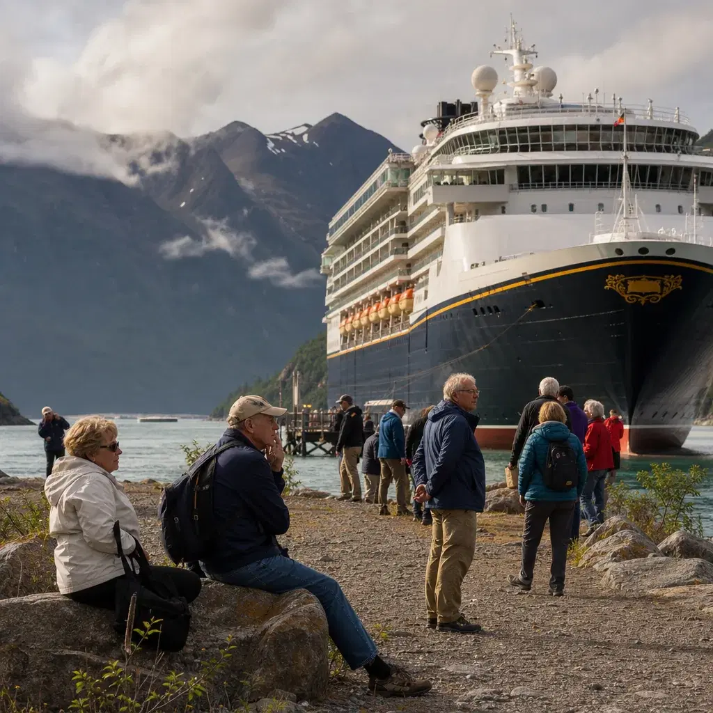 Realistic editorial photo of Alaska cruise scene showing too long on shore excursions, misty mountains and ship details,