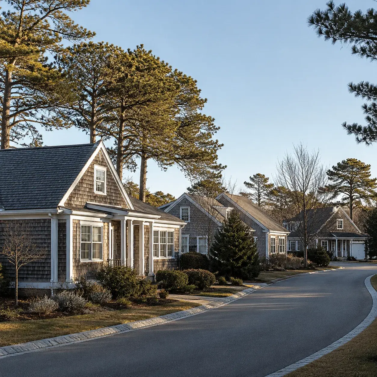 Realistic editorial photo of an East End Long Island active adult community with shingled homes, quiet roads, pine trees
