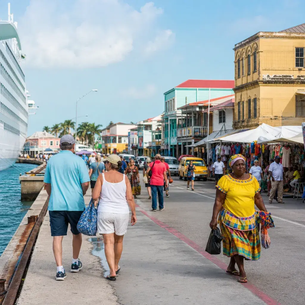 Realistic editorial photo of Belize City, Belize cruise port waterfront with visitors, local streets, and ship-day energ