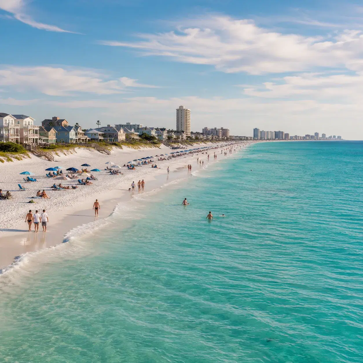 Realistic editorial photo of Florida beach vacation scene showing destin without traffic patience, bright coastal settin
