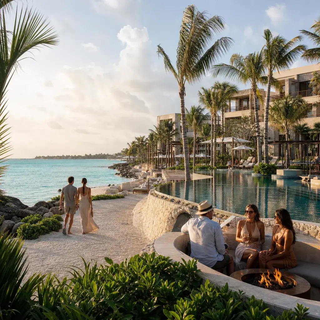 Realistic editorial photo of Mexico resort scene showing adults-only riviera maya mega-resort for local flavor, beach re