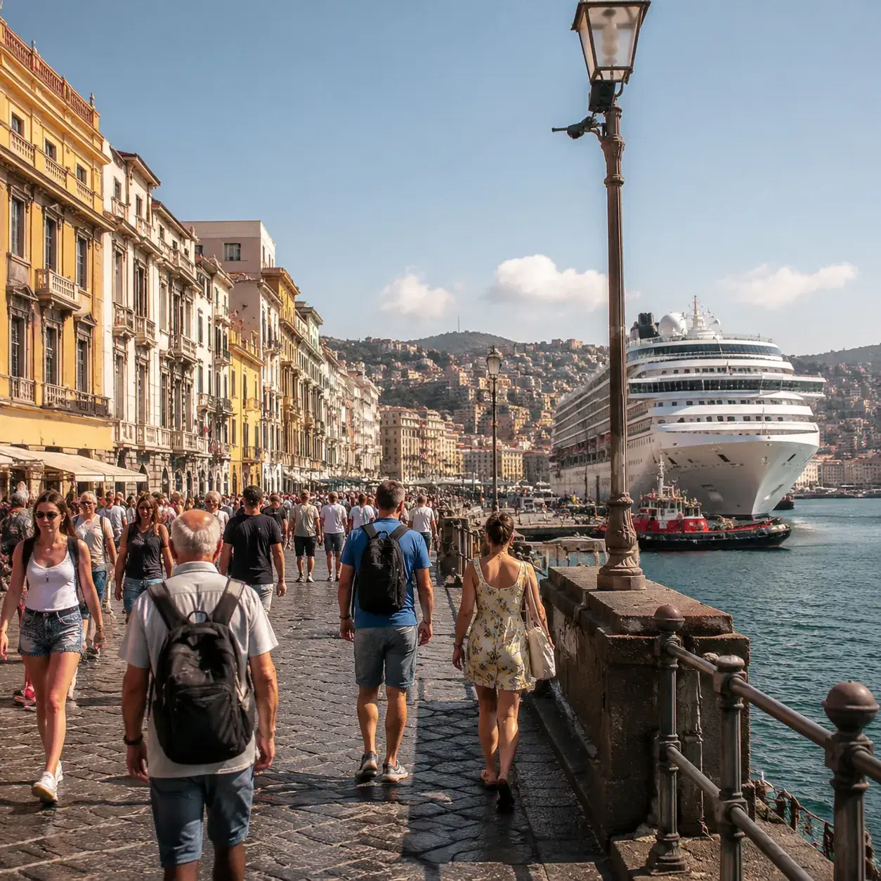 Realistic editorial photo of Naples, Italy cruise port waterfront with visitors, local streets, and ship-day energy, war