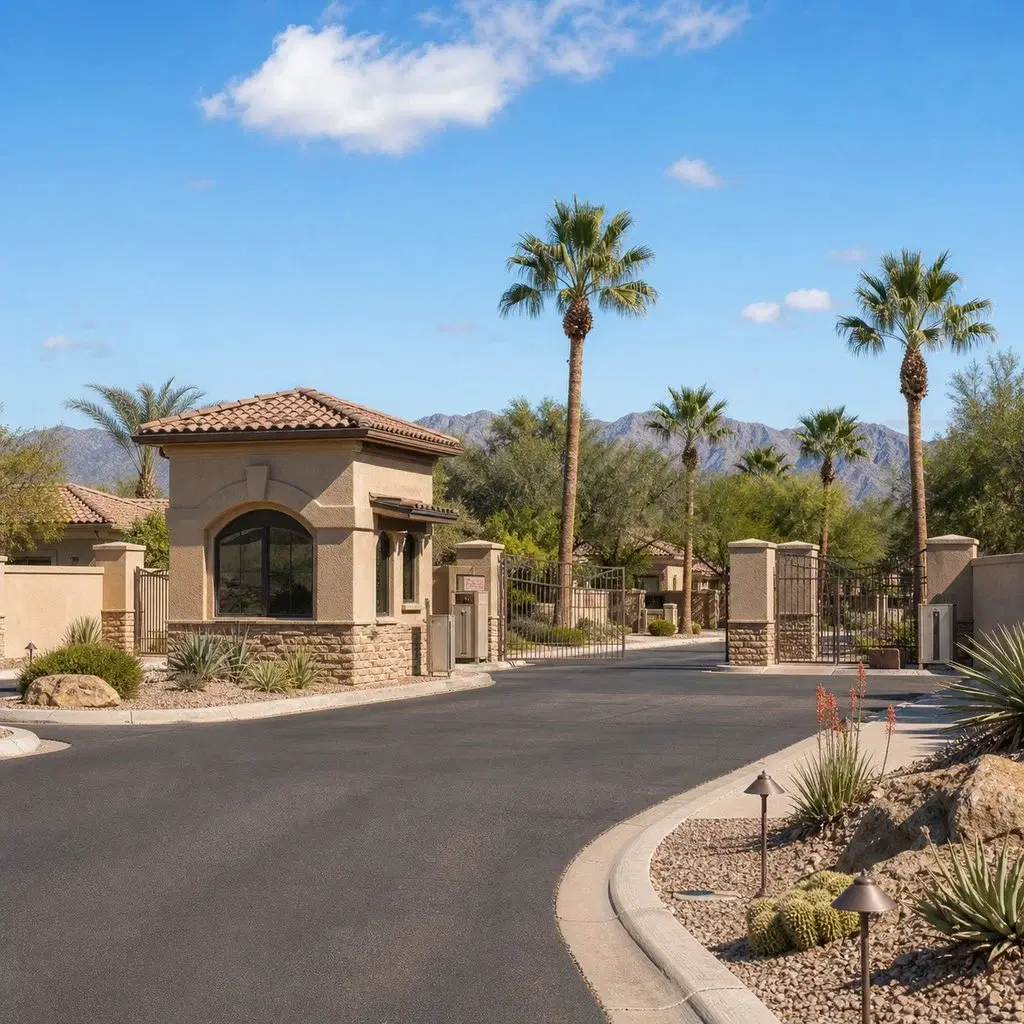 Fresh square editorial photo of a gated retirement community entrance in the Arizona desert with palm trees, security booth, 
