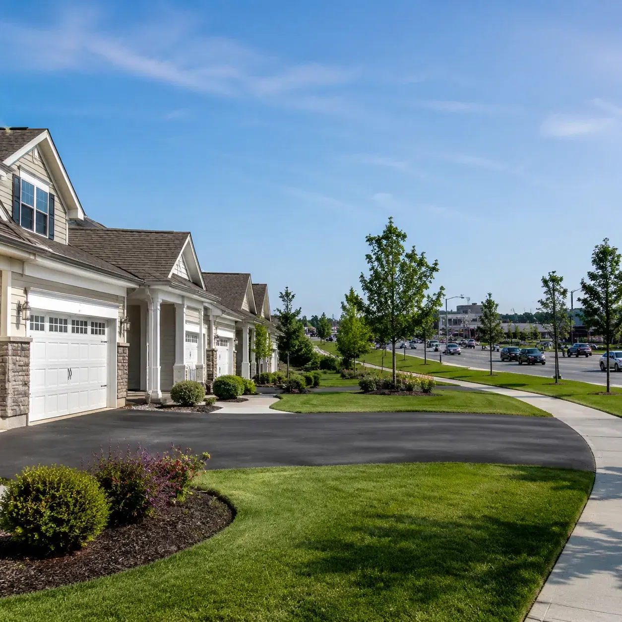 Realistic editorial photo of a suburban Suffolk County 55 plus townhome community with attached garages, clean landscapi