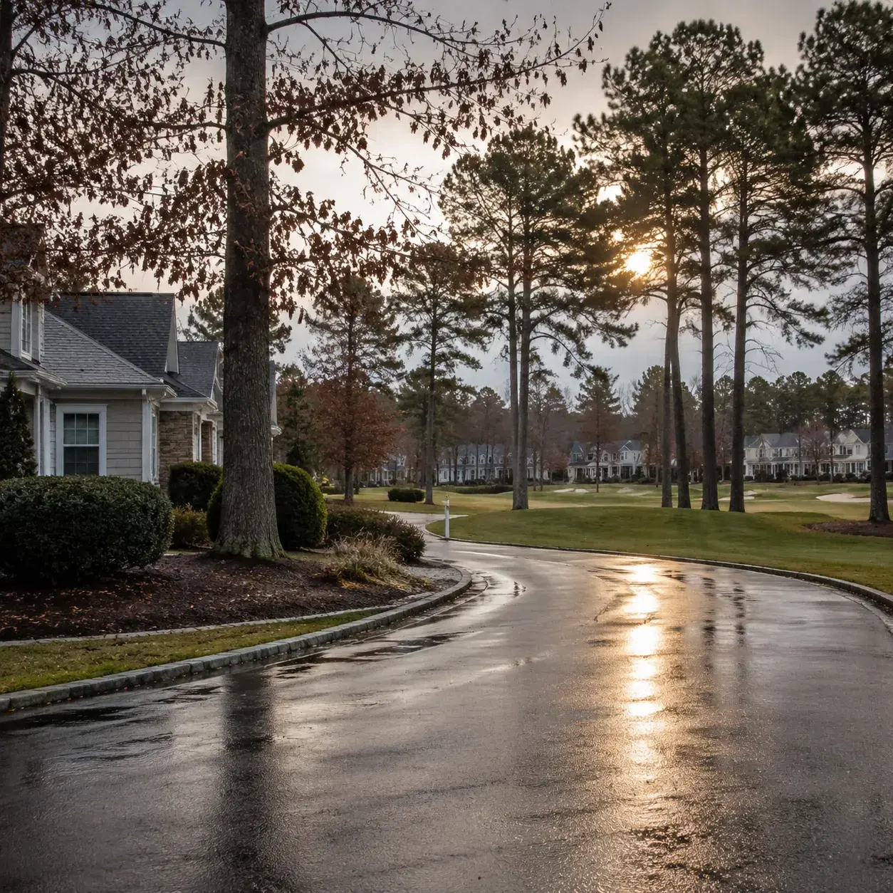 Realistic editorial photo of a wooded Toms River active adult community with ranch homes, golf-course landscaping, and d