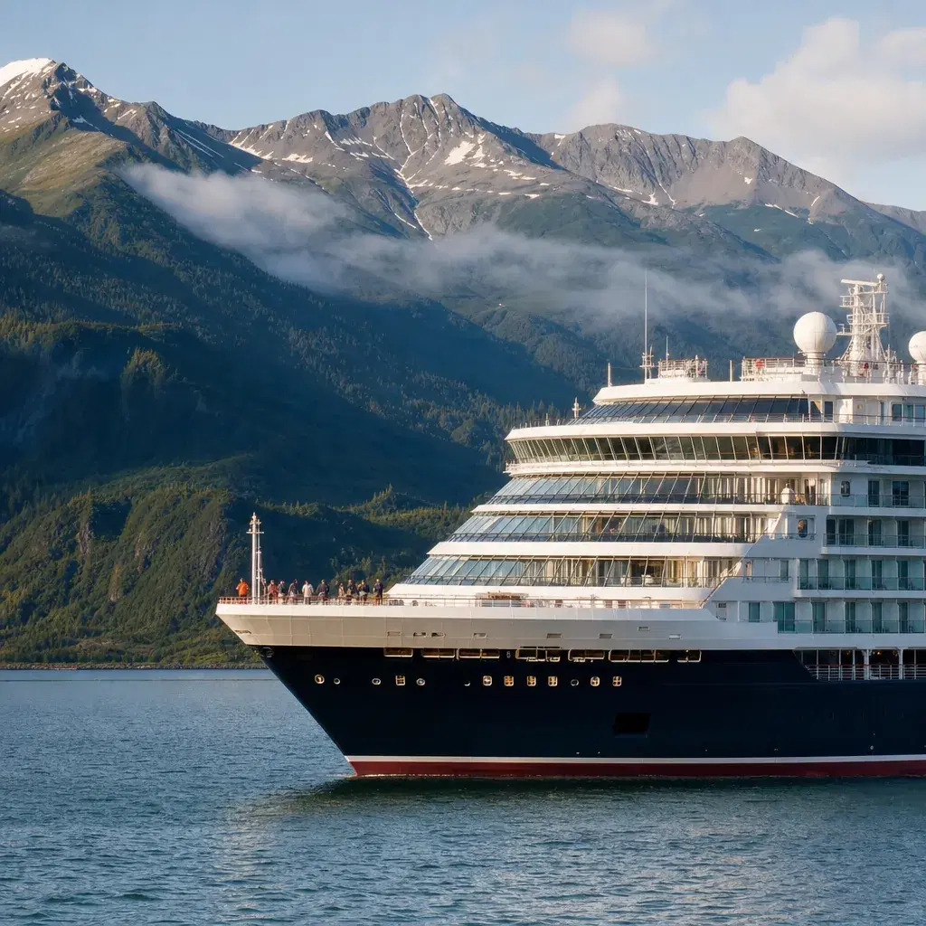 Realistic editorial photo of Alaska cruise scene showing summer instead of alaska weather, misty mountains and ship deta