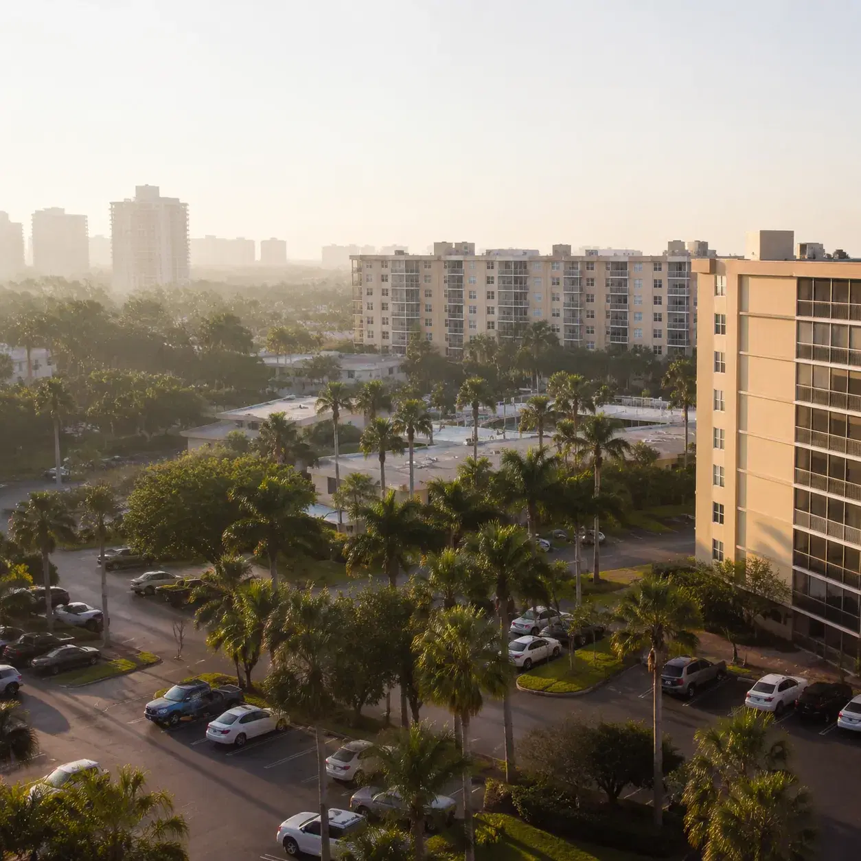 Realistic editorial photo of an older South Florida retirement condo community with mid-rise buildings, palm trees, park