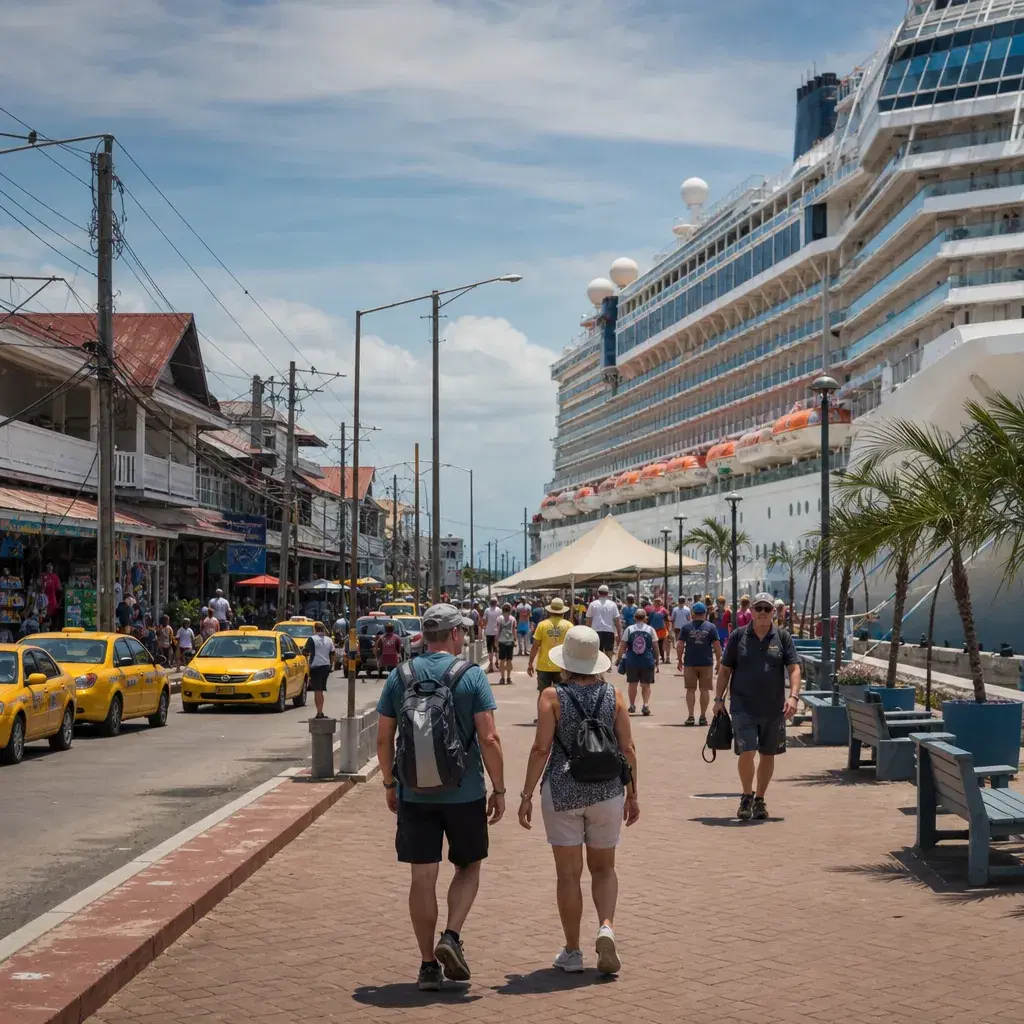 Realistic editorial photo of Colon, Panama cruise port waterfront with visitors, local streets, and ship-day energy, war