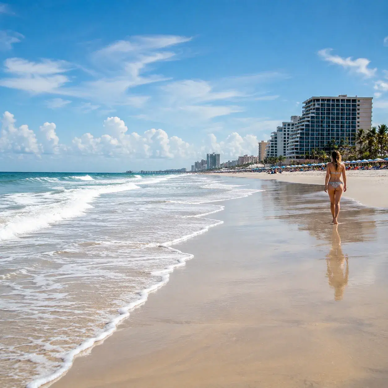 Realistic editorial photo of Florida beach vacation scene showing daytona for luxury beach energy, bright coastal settin
