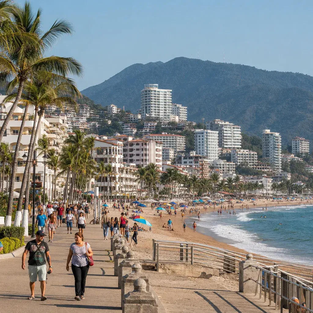 Realistic editorial photo of Mexico resort scene showing puerto vallarta's resort zone is the whole city, beach resort s