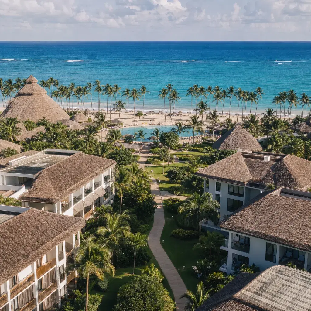 Realistic editorial photo of Punta Cana all-inclusive resort scene showing how far the room blocks sit from the beach, p