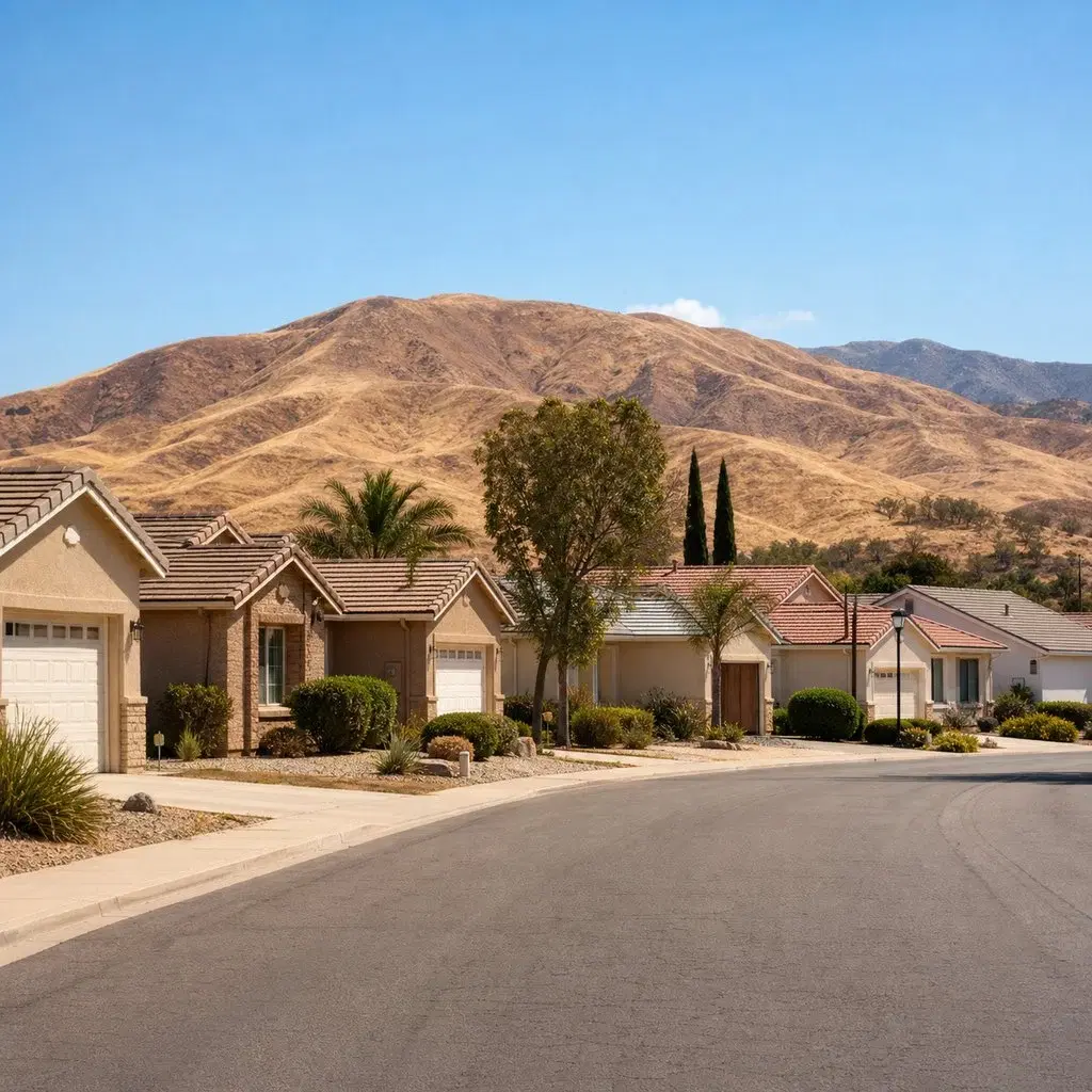 Fresh square editorial photo of an Inland California retirement community with modest single-story homes, dry brown hills in 
