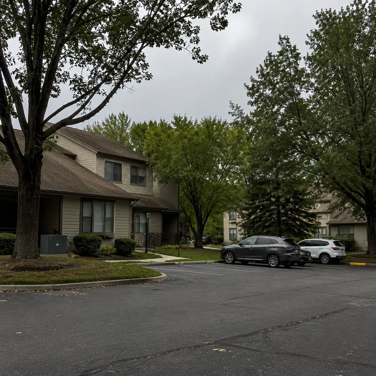 Realistic editorial photo of a Monroe Township New Jersey retirement condo community with older buildings, mature trees,