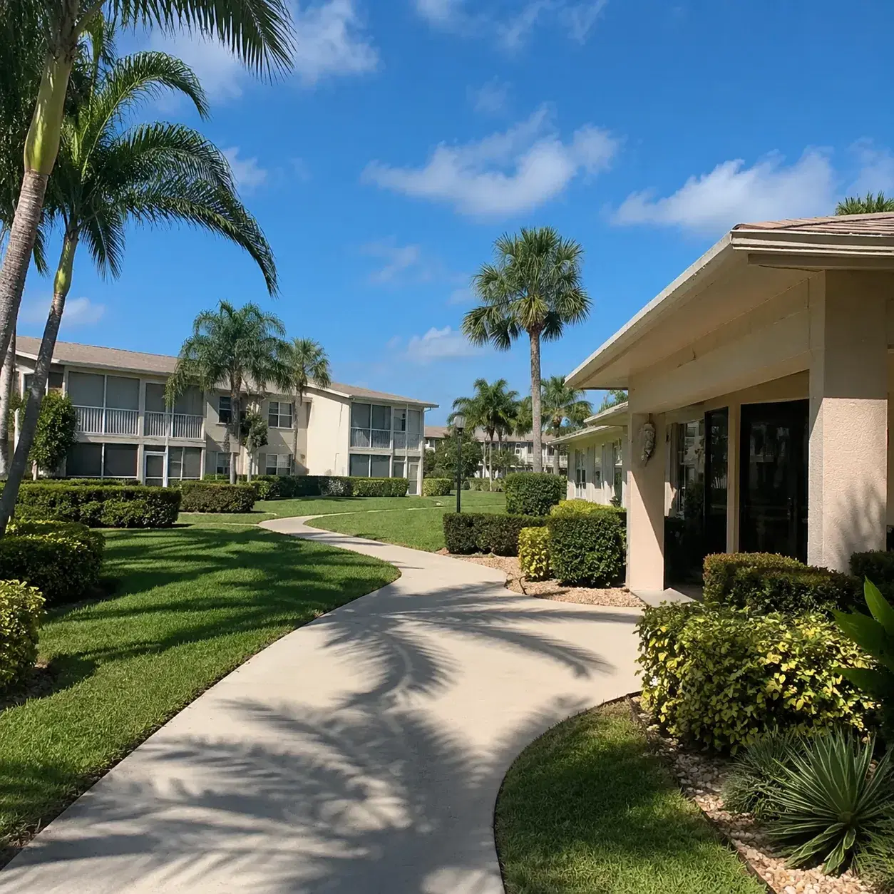 Realistic editorial photo of a South Florida 55 plus condo village with older apartment buildings, walking paths, a club