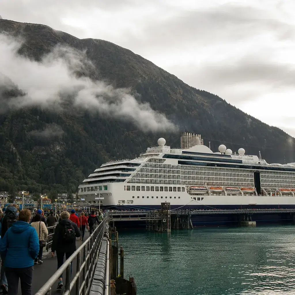 Realistic editorial photo of Alaska cruise scene showing short cruise without enough port time, misty mountains and ship