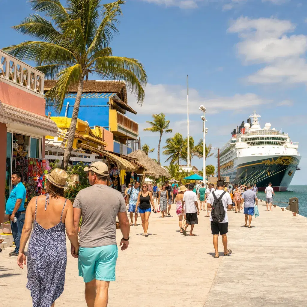 Realistic editorial photo of Costa Maya, Mexico cruise port waterfront with visitors, local streets, and ship-day energy