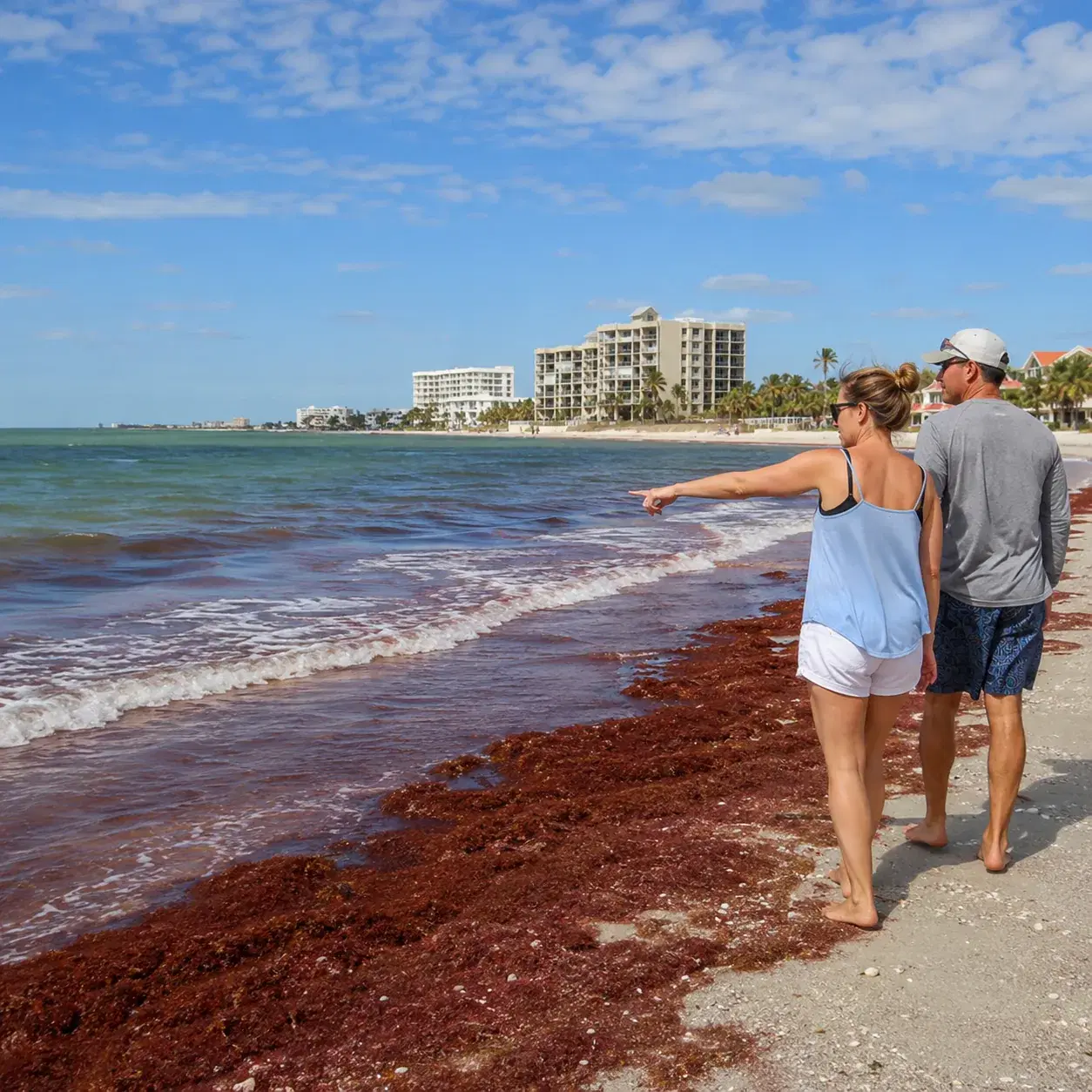Realistic editorial photo of Florida beach vacation scene showing red tide and water condition reports, bright coastal s