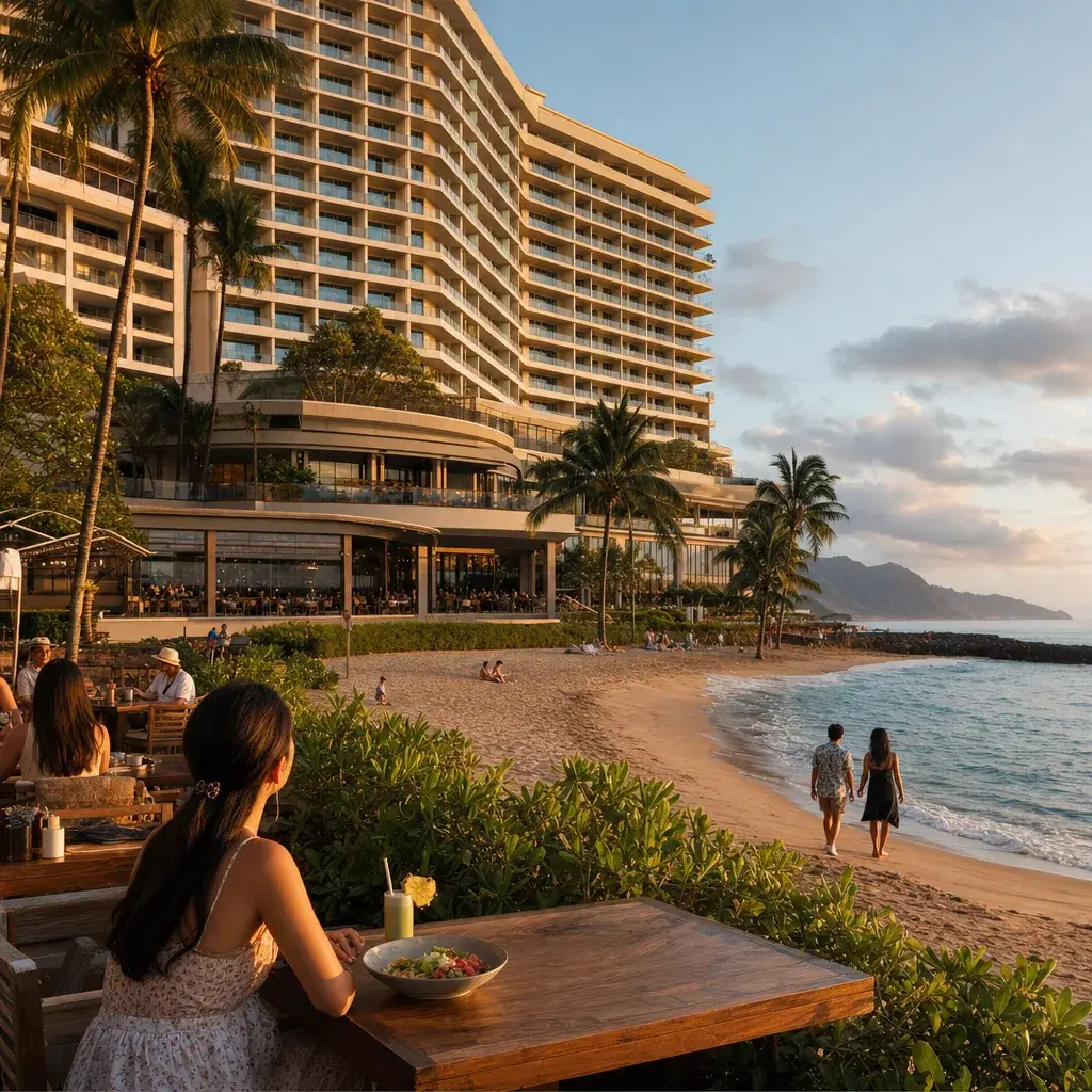 Realistic editorial photo of Hawaii resort scene showing huge resort when you want local food, tropical beach setting, w