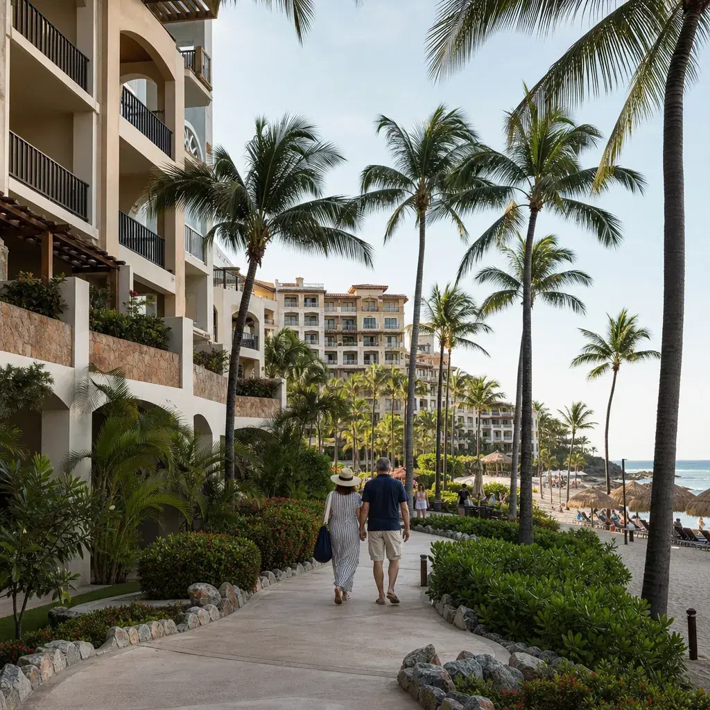 Realistic editorial photo of Mexico resort scene showing timeshare-heavy resort corridor, beach resort setting, warm nat