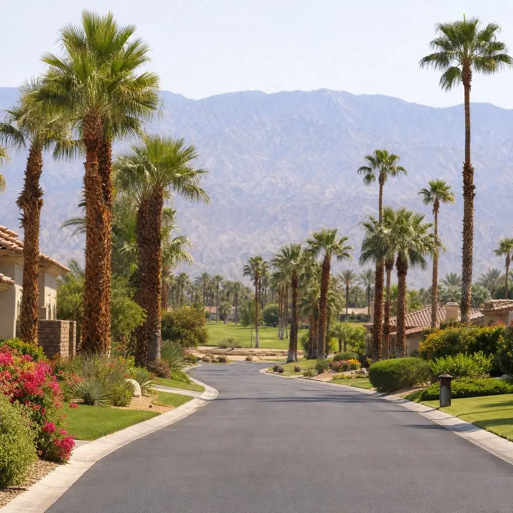 Fresh square editorial photo of a retirement community street in California's Coachella Valley lined with palm trees, golf-co