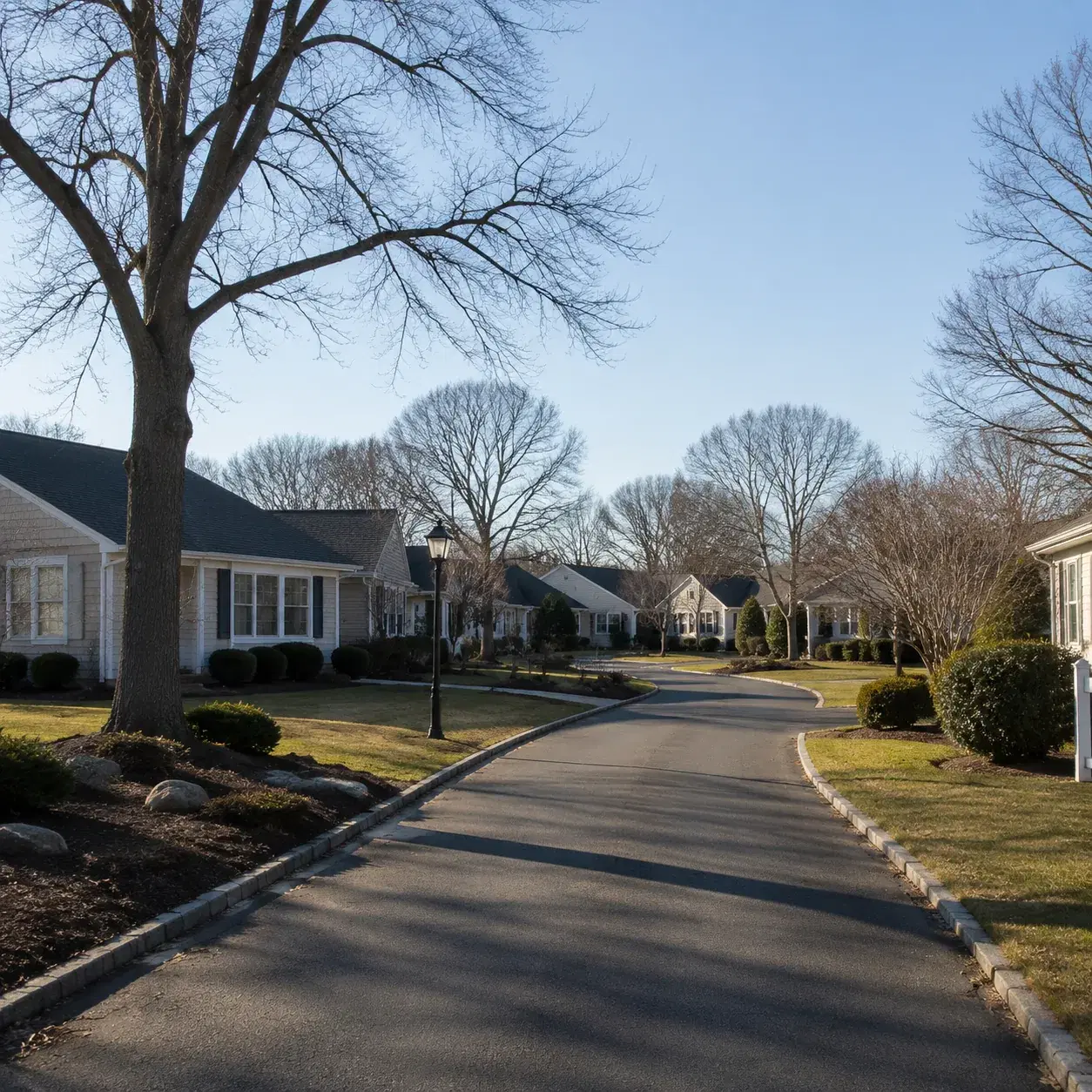 Realistic editorial photo of a quiet older Long Island active adult neighborhood with single-story homes, bare trees, na