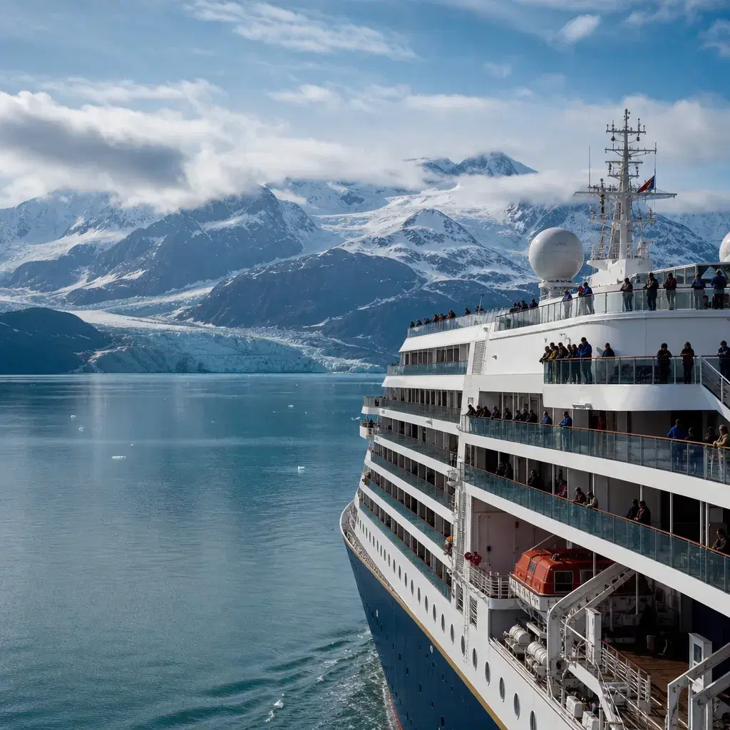 Realistic editorial photo of Alaska cruise scene showing every itinerary visits glacier bay, misty mountains and ship de