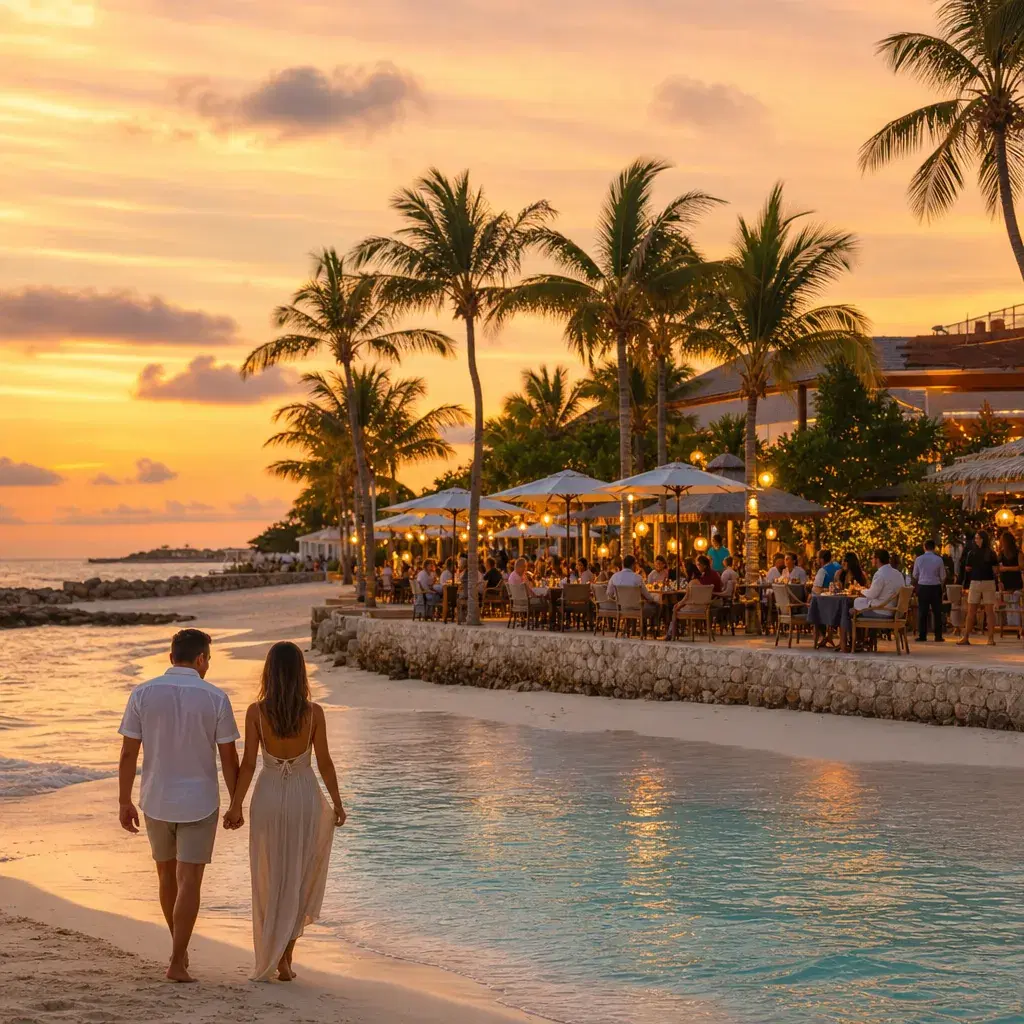 Realistic editorial photo of Aruba beach scene showing dinner reservations fill up, dry island light and turquoise water