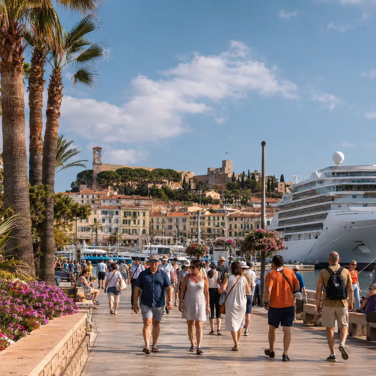 Realistic editorial photo of Cannes, France cruise port waterfront with visitors, local streets, and ship-day energy, wa