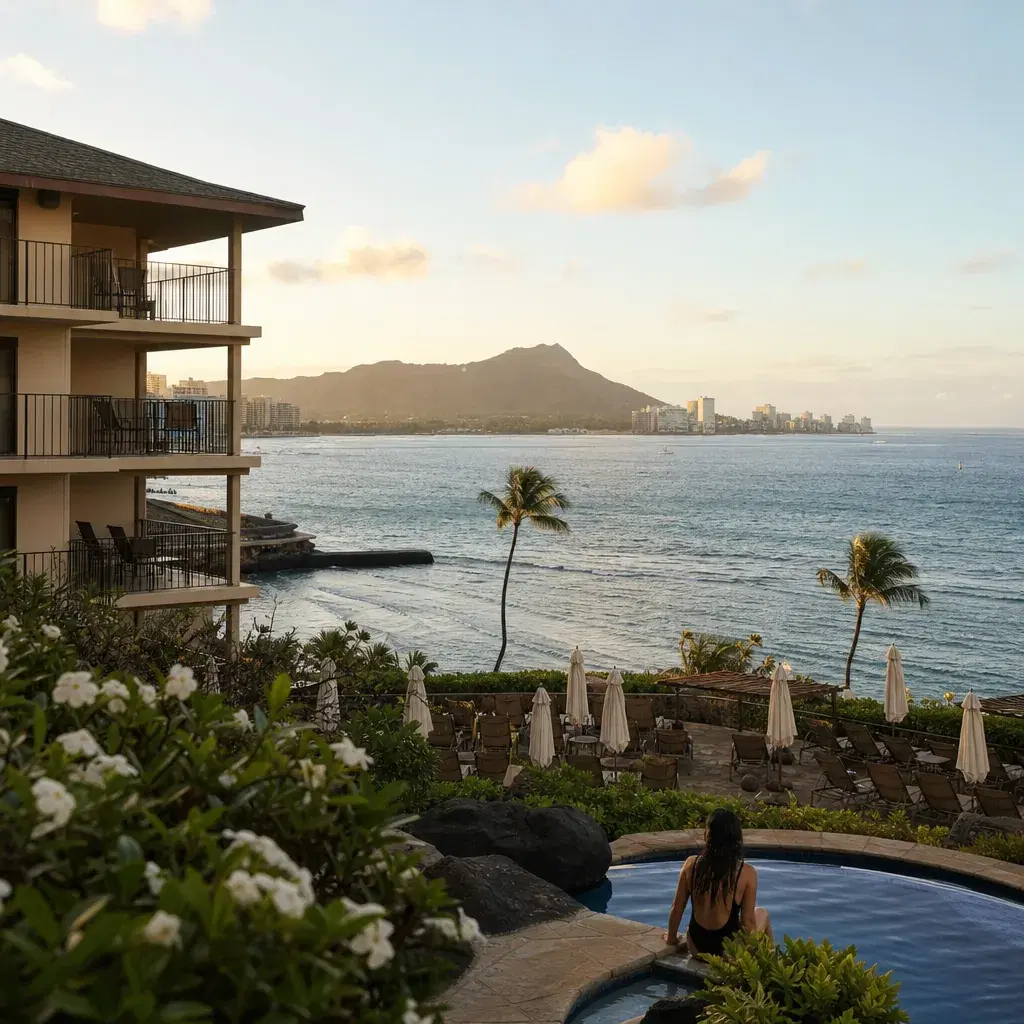 Realistic editorial photo of Hawaii resort scene showing too far from the things you came to see, tropical beach setting