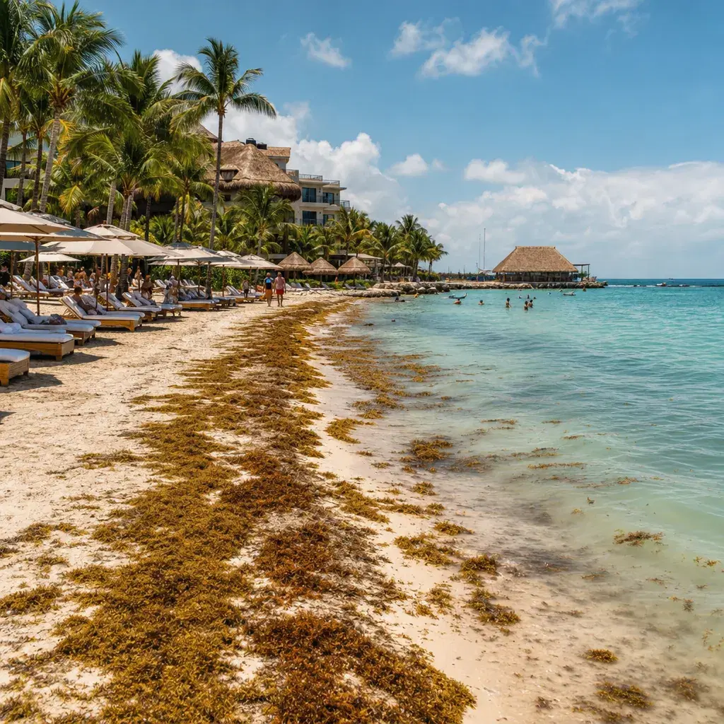 Realistic editorial photo of Mexico resort scene showing deal during sargassum season, beach resort setting, warm natura