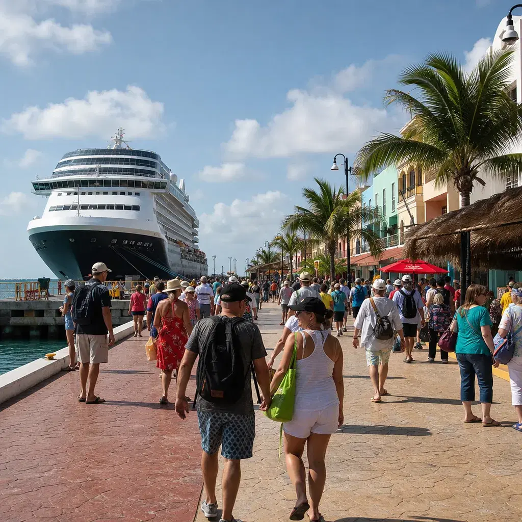 Realistic editorial photo of Progreso, Mexico cruise port waterfront with visitors, local streets, and ship-day energy,