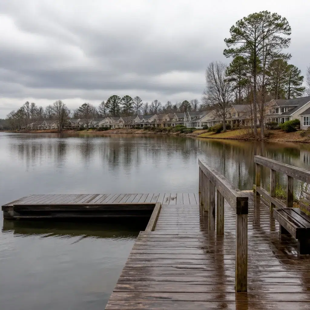 Fresh square editorial photo of a quiet lake dock beside a Georgia retirement community with overcast sky, still water, modes