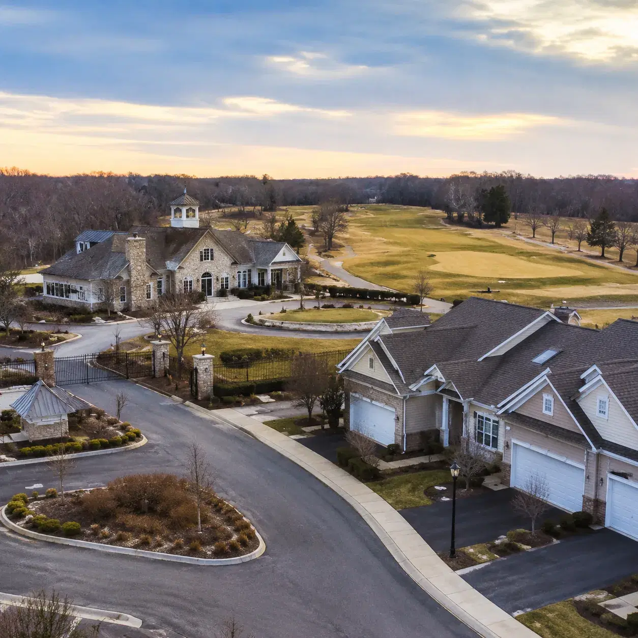 Realistic editorial photo of a Manchester New Jersey gated active adult community with clubhouse, golf fairway, attached