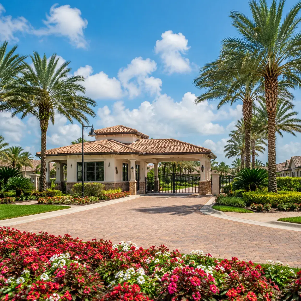 Realistic editorial photo of a polished Tampa Bay area active adult gatehouse with resort landscaping, single-story home