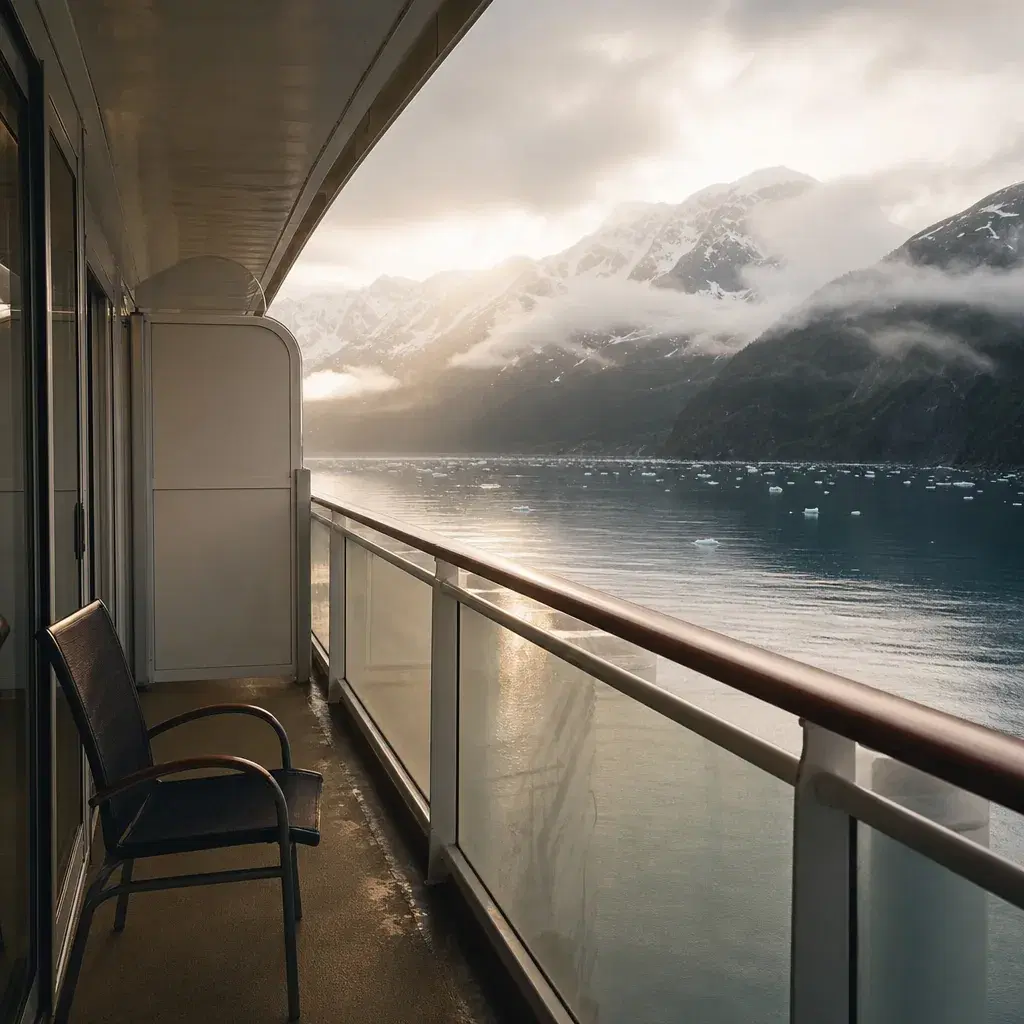 Realistic editorial photo of Alaska cruise scene showing a balcony then never using it, misty mountains and ship details