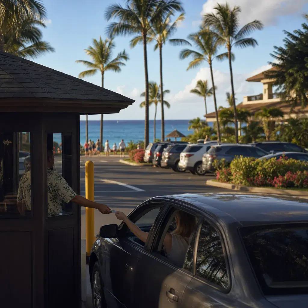 Realistic editorial photo of Hawaii resort scene showing parking fees, tropical beach setting, warm natural light, trave