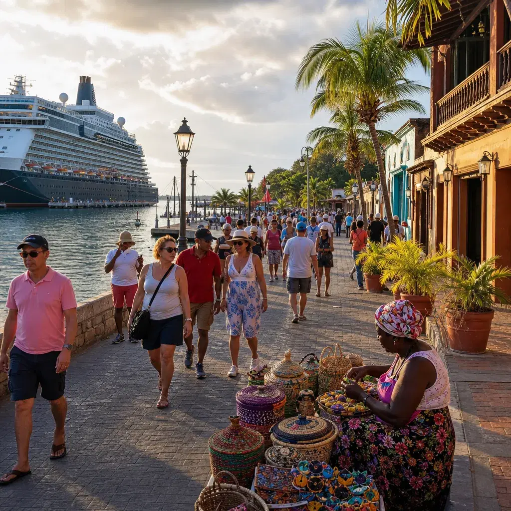 Realistic editorial photo of La Romana, Dominican Republic cruise port waterfront with visitors, local streets, and ship
